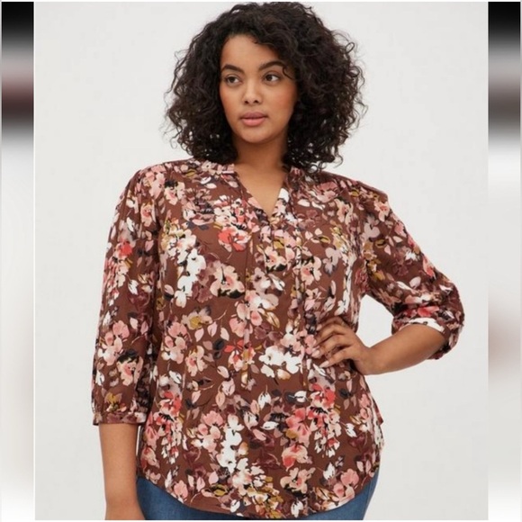 Torrid Floral Print Blouse in Brown and Pink Size 2 - Picture 1 of 5